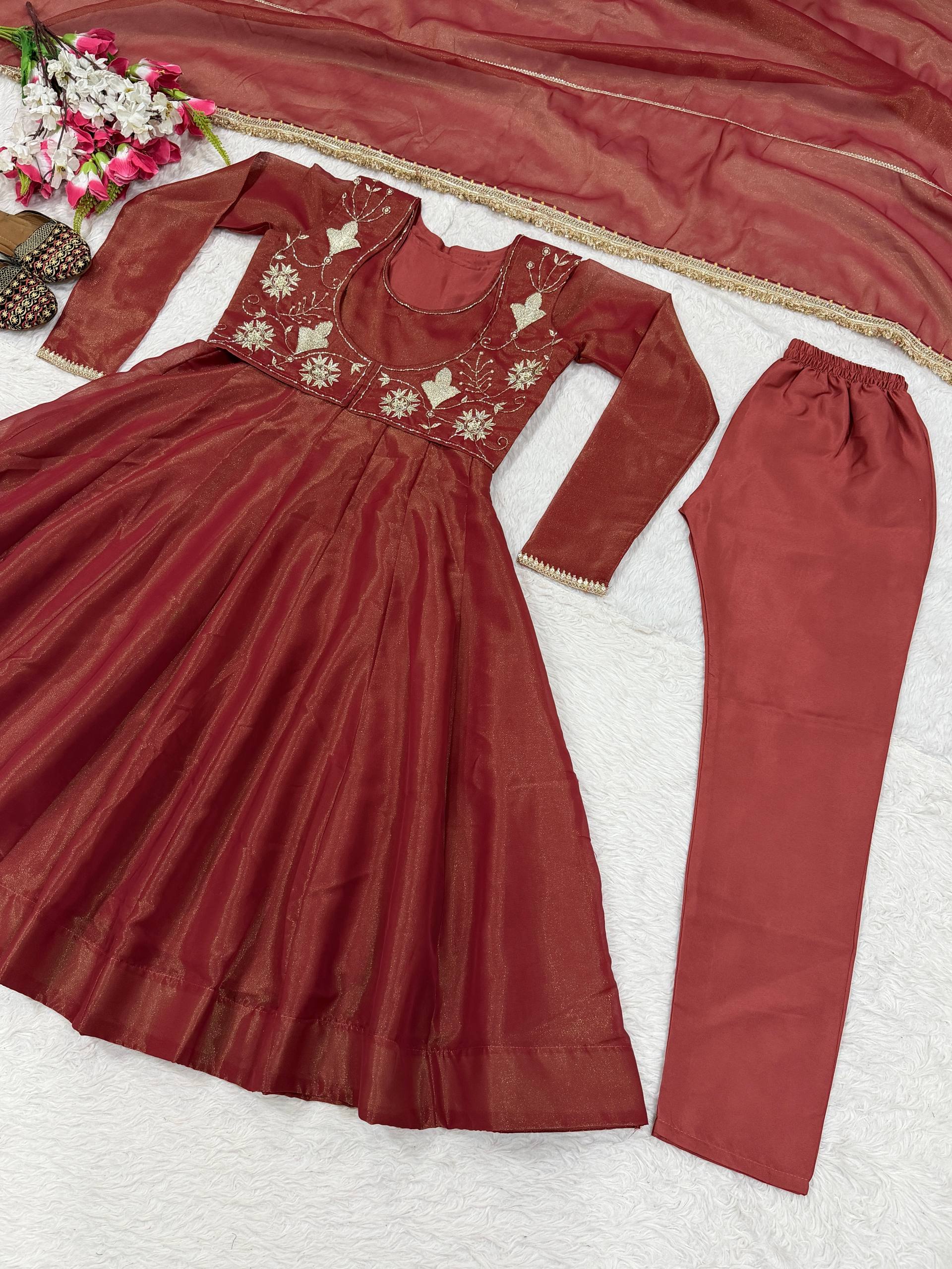 Regal Terracotta Zari-Bodice Anarkali Set